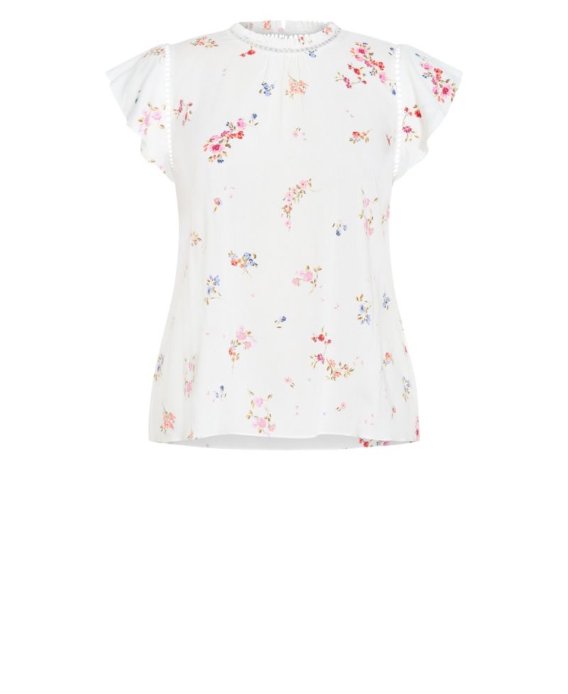 Plus Size Fleur Petal Print Top with Frilled-Crew Neckline and Short Flutter Sleeves