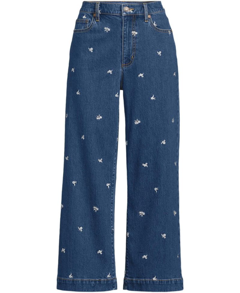 Petite Soft Denim High Rise Embroidered Wide Leg Crop Jeans
