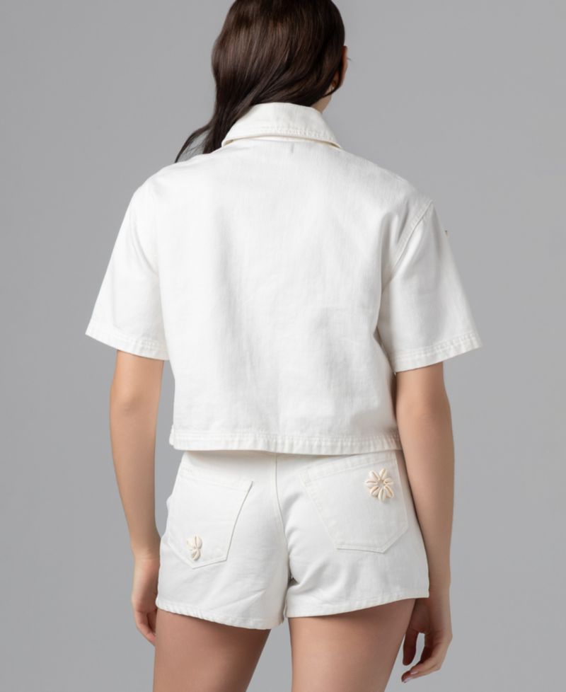 Women's Sea Shell Applique Detail Collared Cropped Denim Shirt