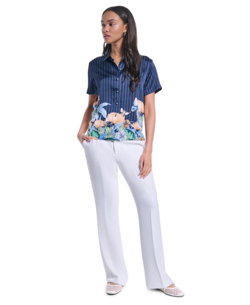 Petite Striped Floral Printed Button-Up Blouse