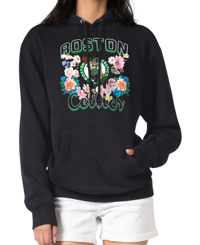Women's Black Boston Celtics Flowers Team Logo Graphic Fleece Pullover Hoodie