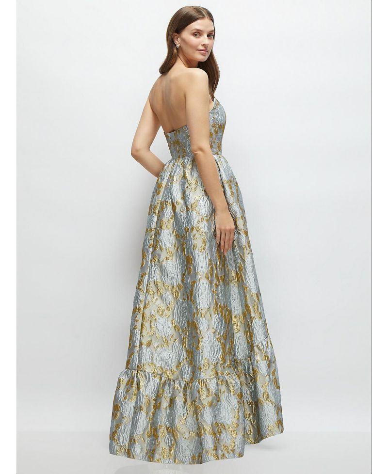 Women's Strapless Cat-Eye Boned Bodice Brocade High-Low Dress