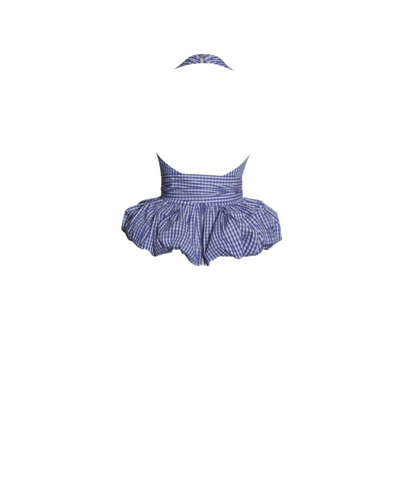 Women's Ilene Blue and White Checkered Bubble Hem Halter Top