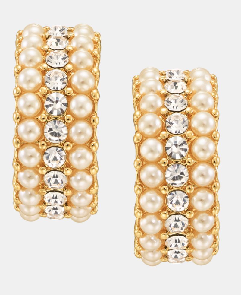 Imitation Pearl & Crystal Three-Row Hoop Earrings