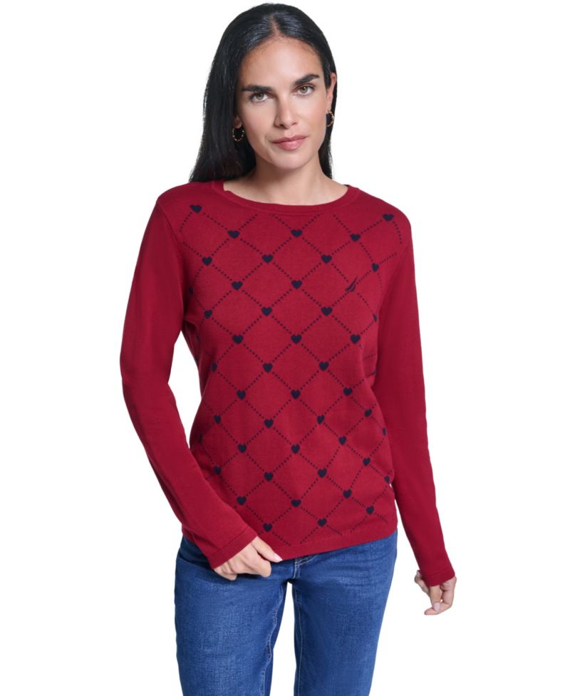 Women's Argyl Hearts Crewneck Long-Sleeve Cotton Sweater