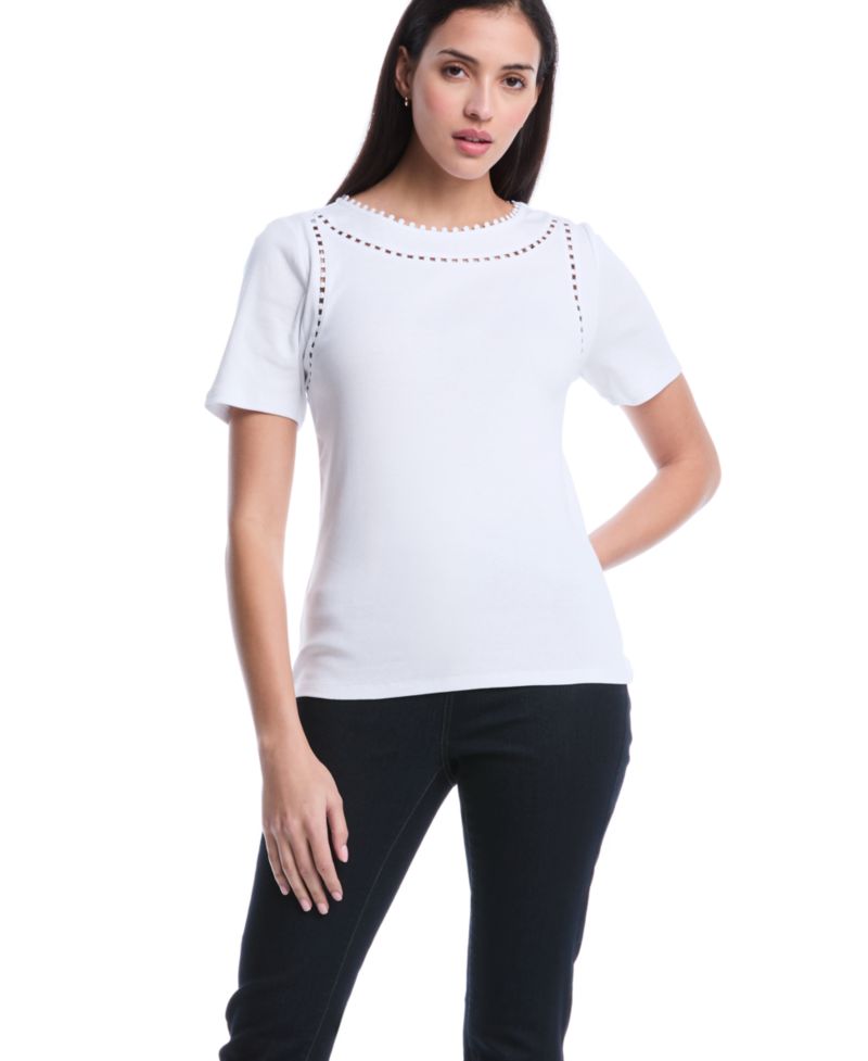 Petite Pom Trim Detail Short-Sleeve Top