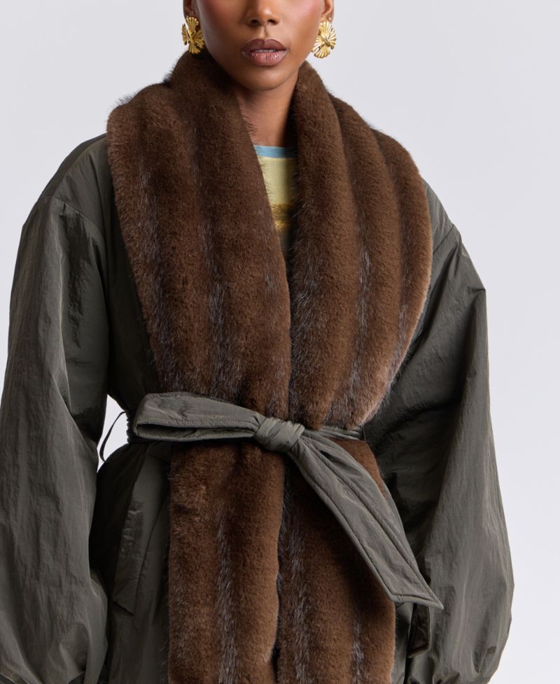 Women's Belted Faux-Fur-Trim Shawl Collar Puffer Jacket