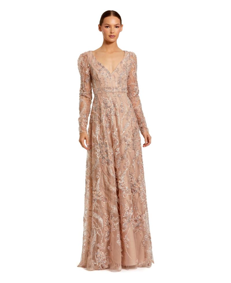 Women's Floral Embroidered V Neck Long Sleeve Gown