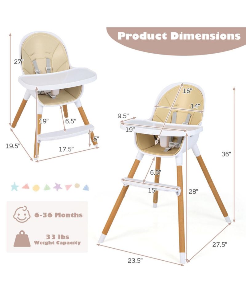 4-in-1 Convertible Baby High Chair Infant Feeding Chair w/Adjustable Tray