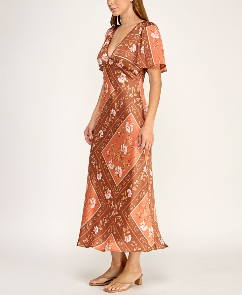 Juniors' Slim-Fit Floral Printed Satin Midi Dress