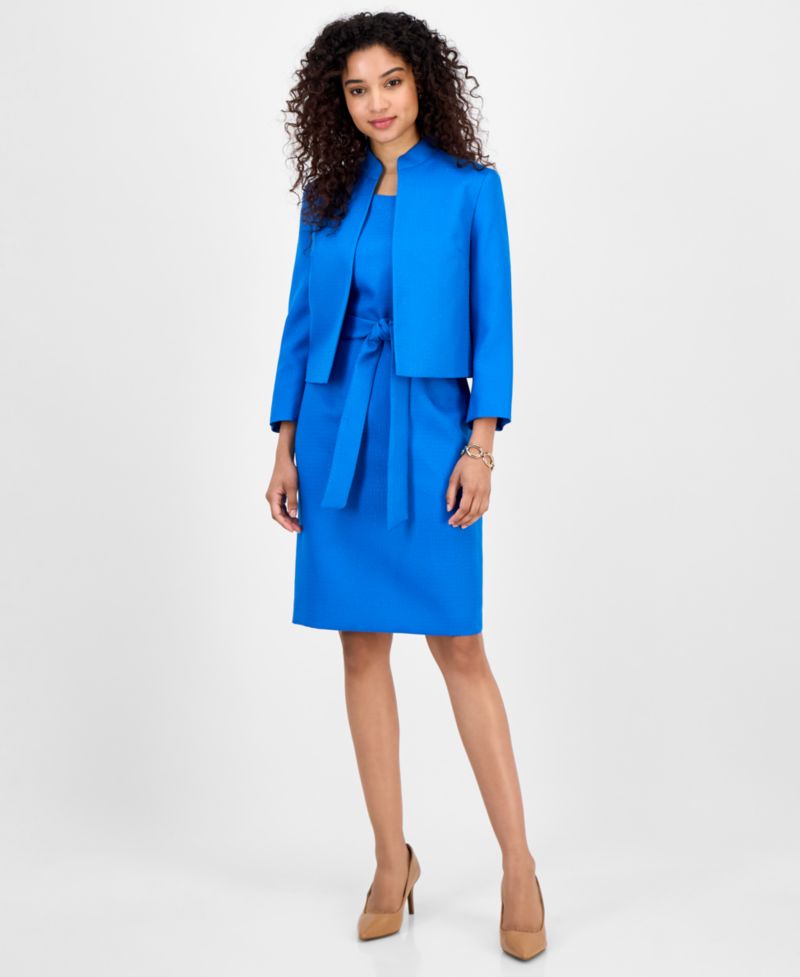 Women's 3/4-Sleeve Jacket And Belted Sheath 2 Piece Dress Suit