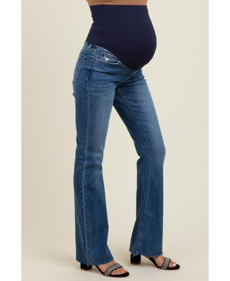 Women's Navy Blue Distressed Raw Hem Bootcut Jeans