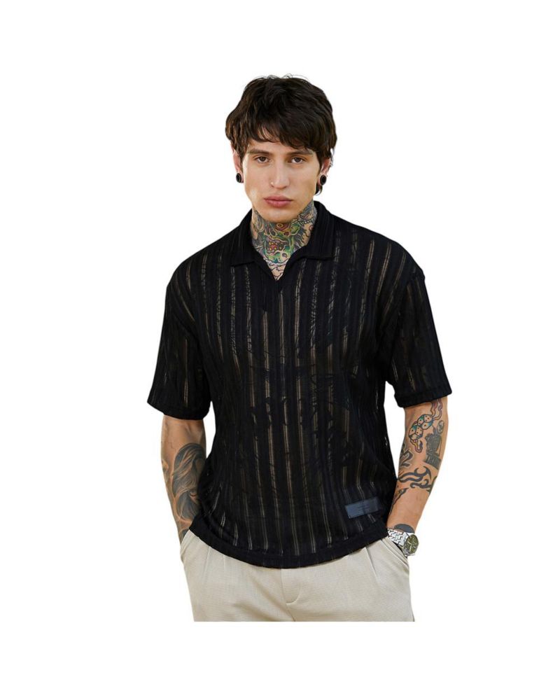 Men's Onyx Black Duo-Striped Relaxed Polo T-Shirt