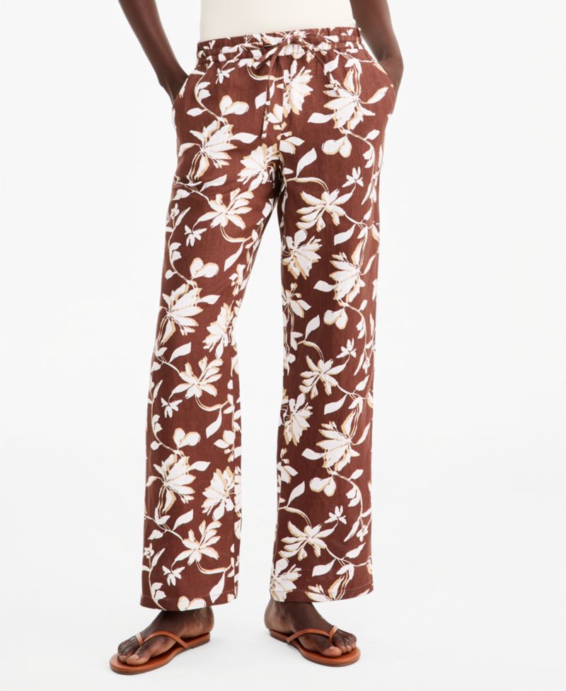 Petite Floral-Print Wide-Leg Drawstring Linen Pants
