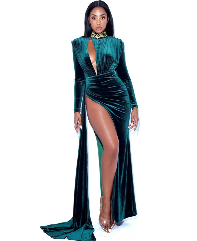 Women Zenaida Emerald Green Cutout High Slit Velvet Gown