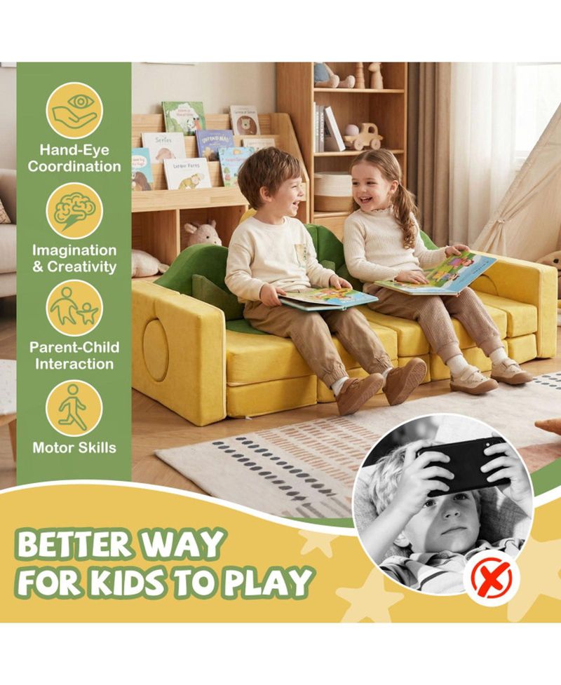19-Piece Convertible Velvet Foam Play Couch for Toddlers