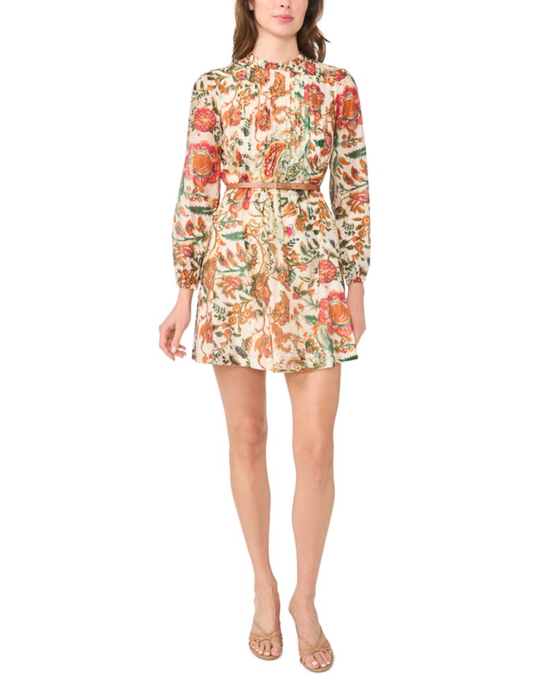 Petites Ruffle Mock Neck Floral-Print Long-Sleeve Dress