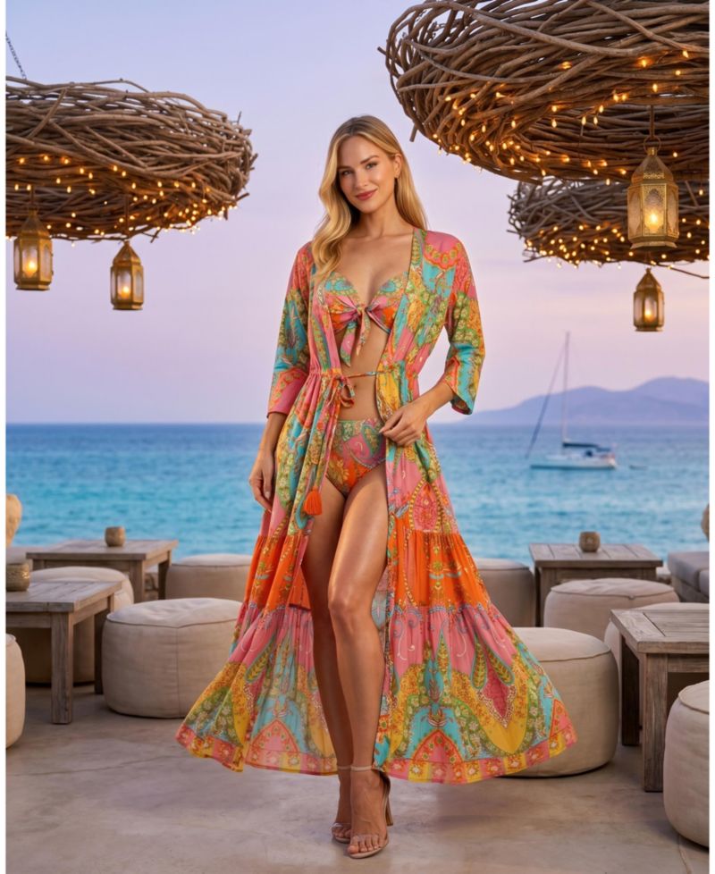 Women's Club Moda Tropical Paisley Maxi Resort Dress - Button Front V-Neck Vacation Dress with Waist Tie