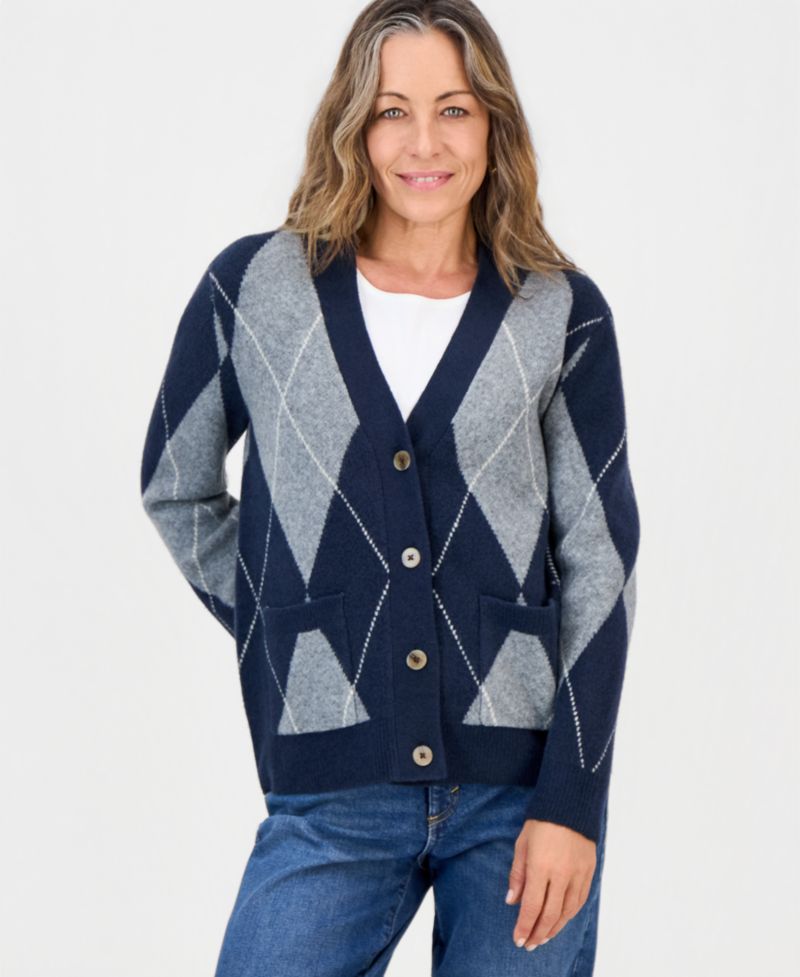 Petite Argyle V-Neck Button-Front Cardigan, Macy's Exclusive