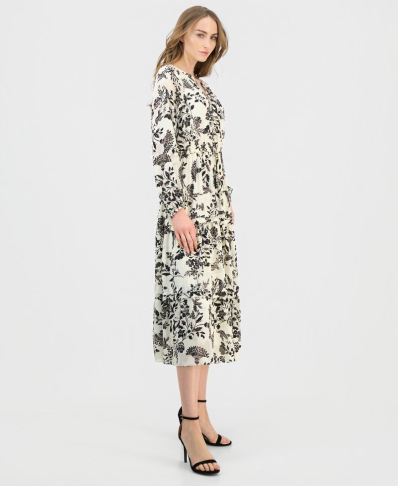 Women's Printed Tie-Neck Tiered Maxi Dress