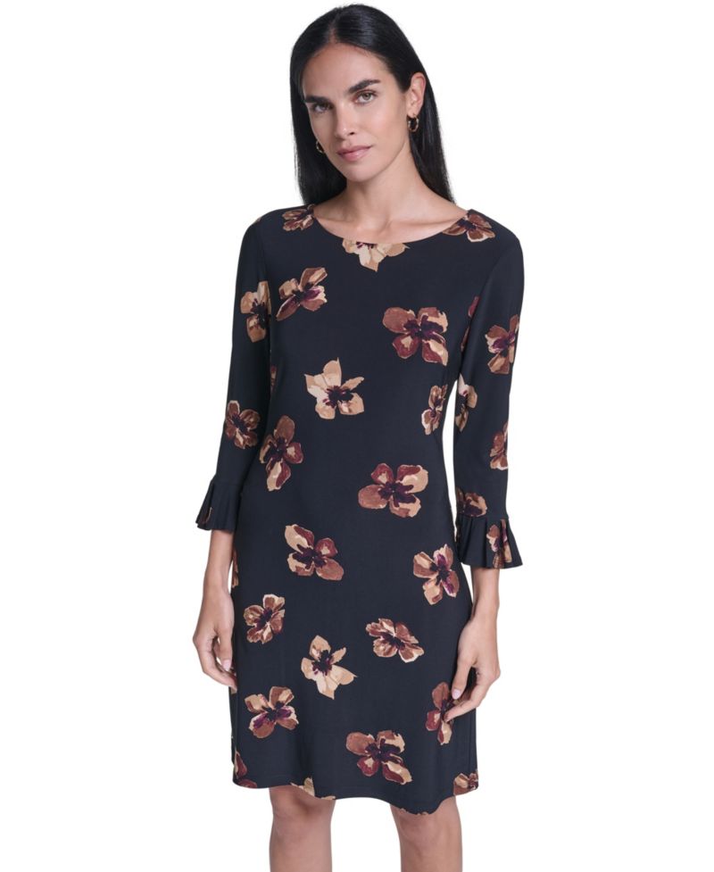 Women's Floral-Print Pleated 3/4 Sleeve Shift Dress