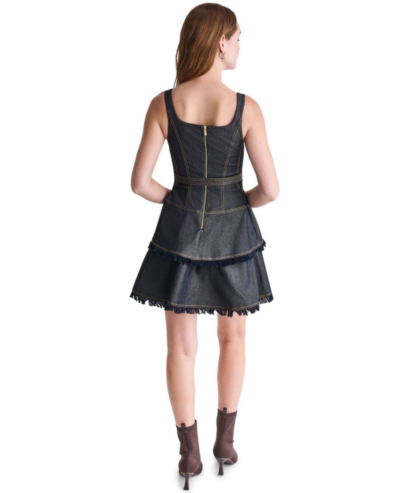 Women's Denim Square Neck Belted Fringe Mini Dress