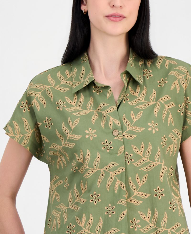 Women's Cotton Embroidered-Look Camp Shirt