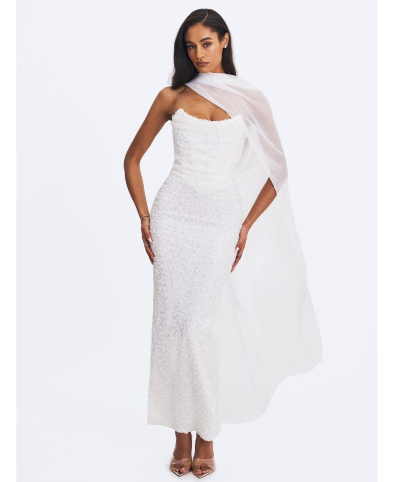 Women's Myra White Beaded Mesh Strapless Wedding Dress