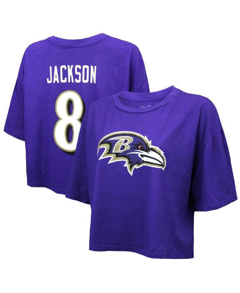 Women's Lamar Jackson Purple Baltimore Ravens Swarovski Crystals Boxy Cropped Name & Number T-Shirt