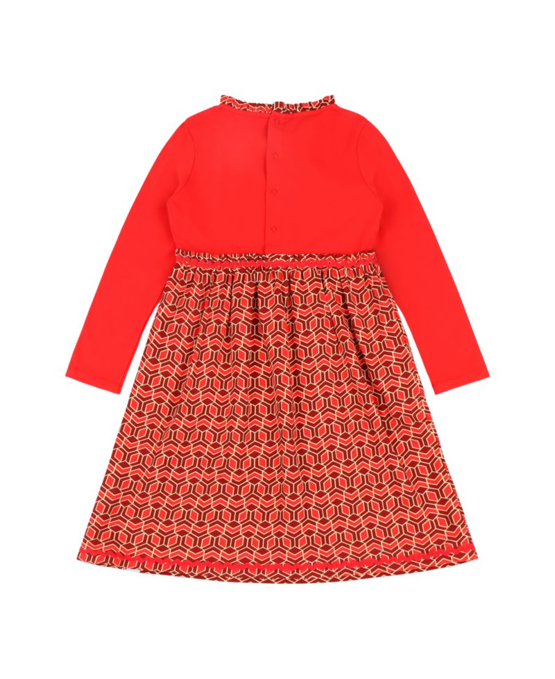 Little Girls Long Sleeve Ruffle Trim Dress - Red Multicolor