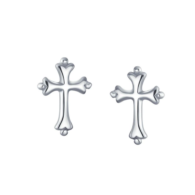 Religious Fleur De Lis Cross Stud Earrings Sterling Silver Communion Gift