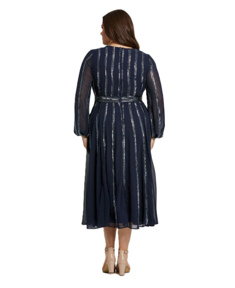 Plus Size Long Sheer Sleeve Beaded Dress