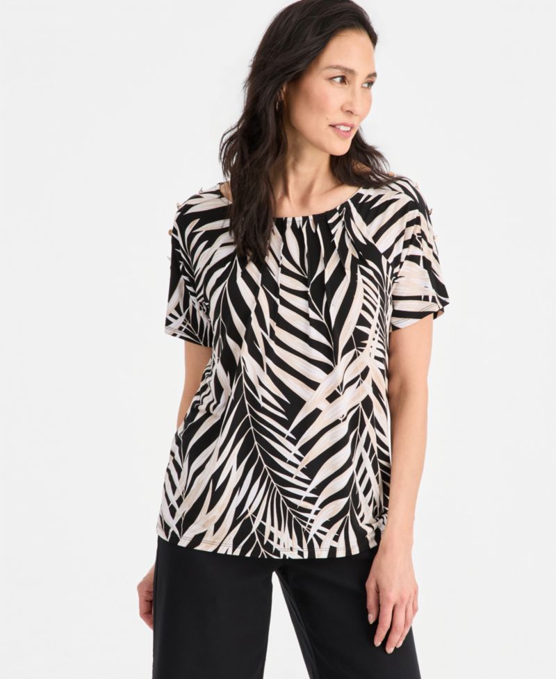 Women's Pleated Scoop-neck Button-Trim Top
