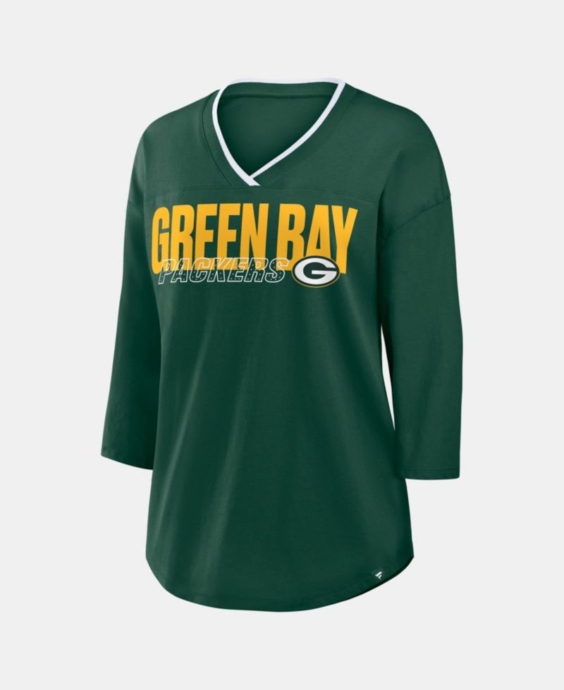 Women's Green Bay Packers Team First Deceptive Juke 3/4-Sleeve V-Neck Oversized Chest Graphic T-Shirt
