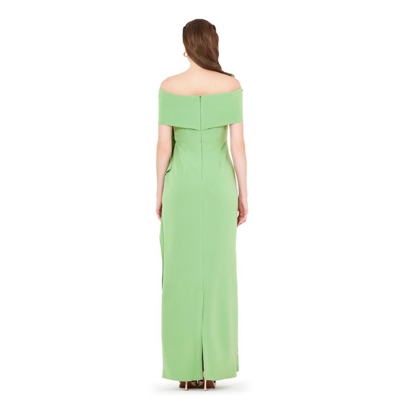 Bardot Neckline Floral Applique Pleated Gown