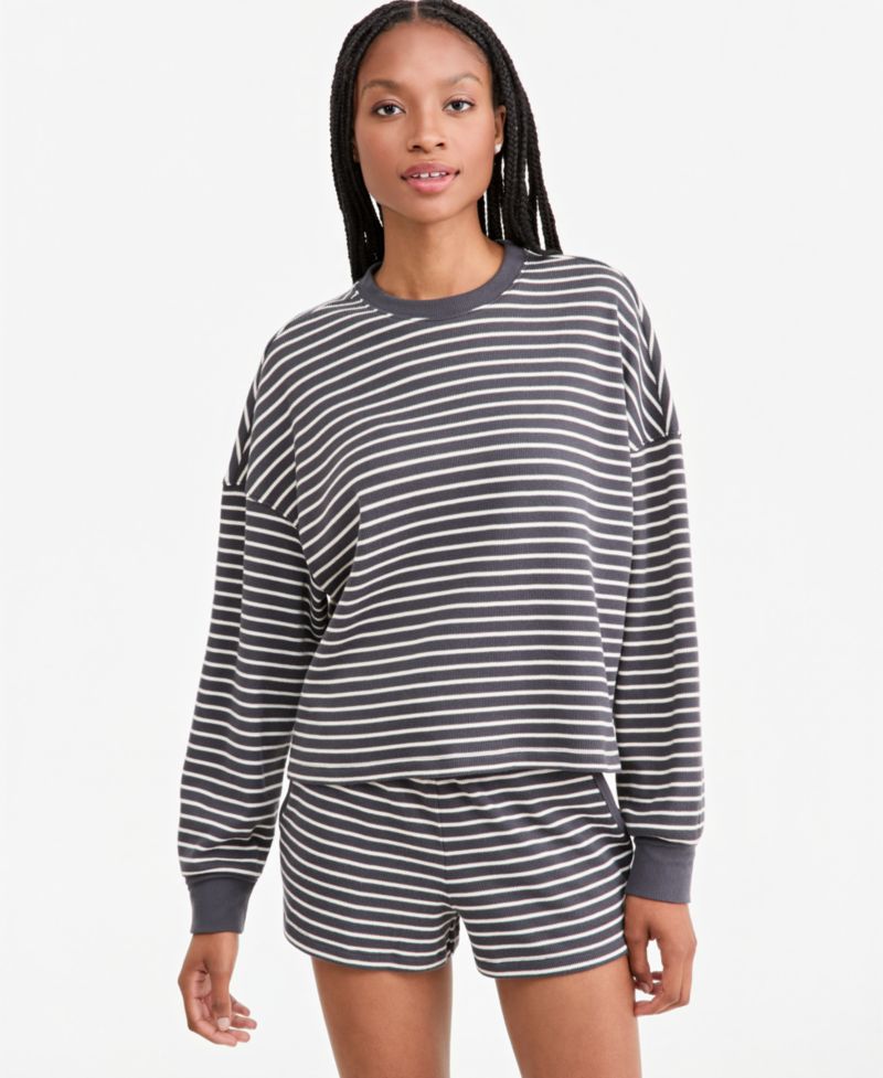 Women's Stripe Lounge Crew Waffle-Knit Crewneck Pullover Sweater