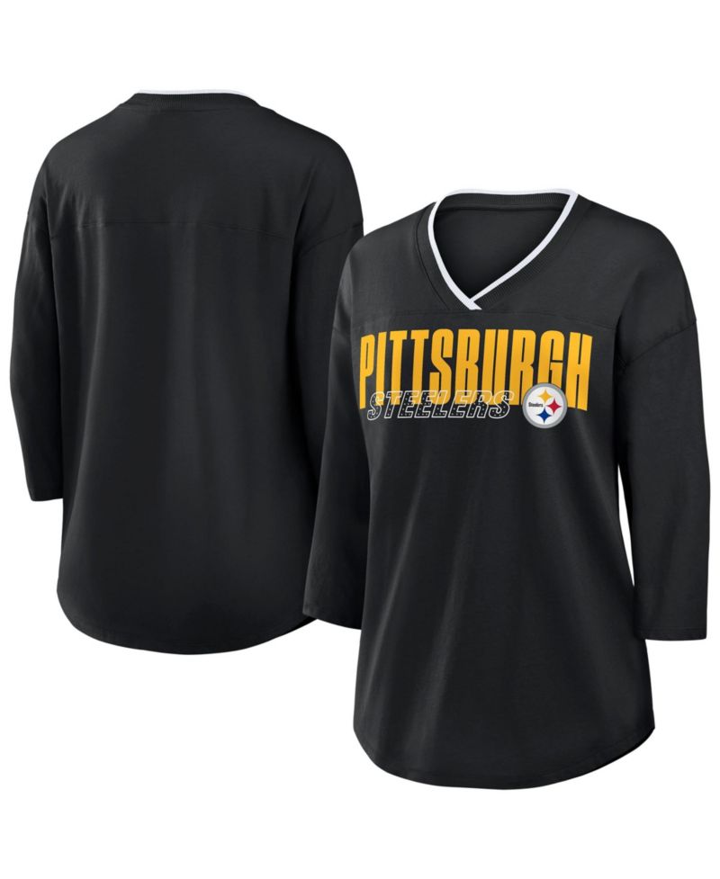 Women's Black Pittsburgh Steelers Plus Size Deceptive Juke 3/4-Sleeve V-Neck T-Shirt