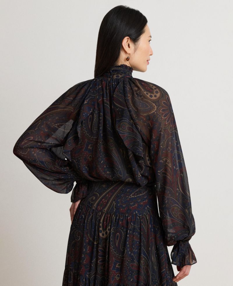 Women's Long-Sleeve Paisley-Print Mockneck Blouse