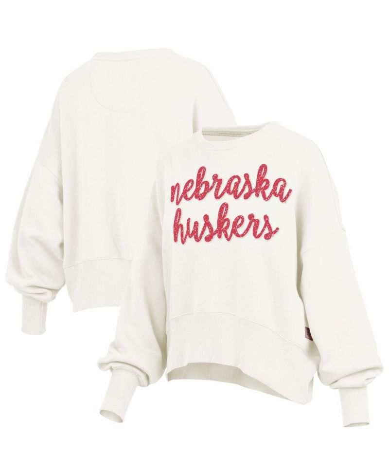 Women's Cream Nebraska Huskers Oversized Chelsea Waist Length Pullover Sweatshirt