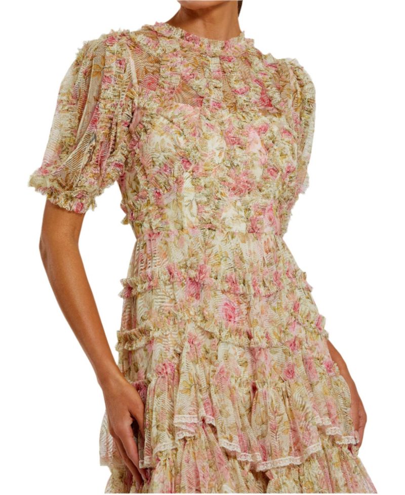 Women's Lace Trim Printed Mesh High Neck Midi Dress