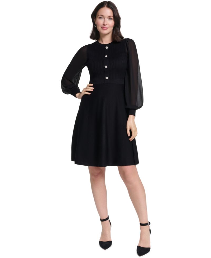 Petite Long-Sleeve Midi Fit & Flare Dress