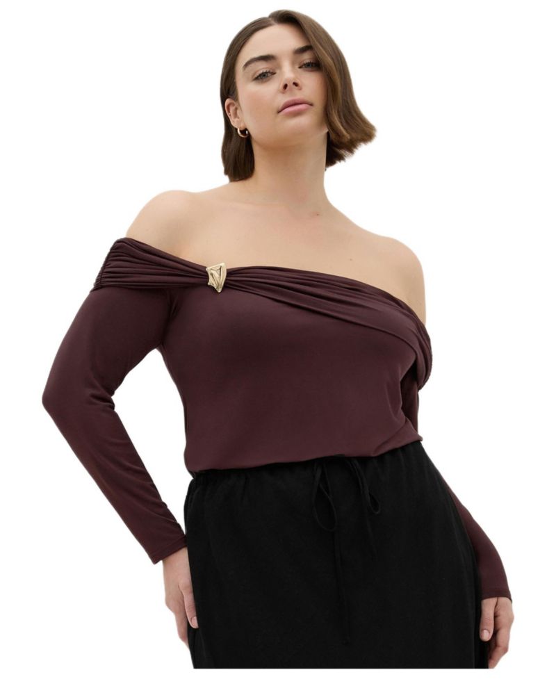 Women's Buckle Off Shoulder Long Sleeve Top