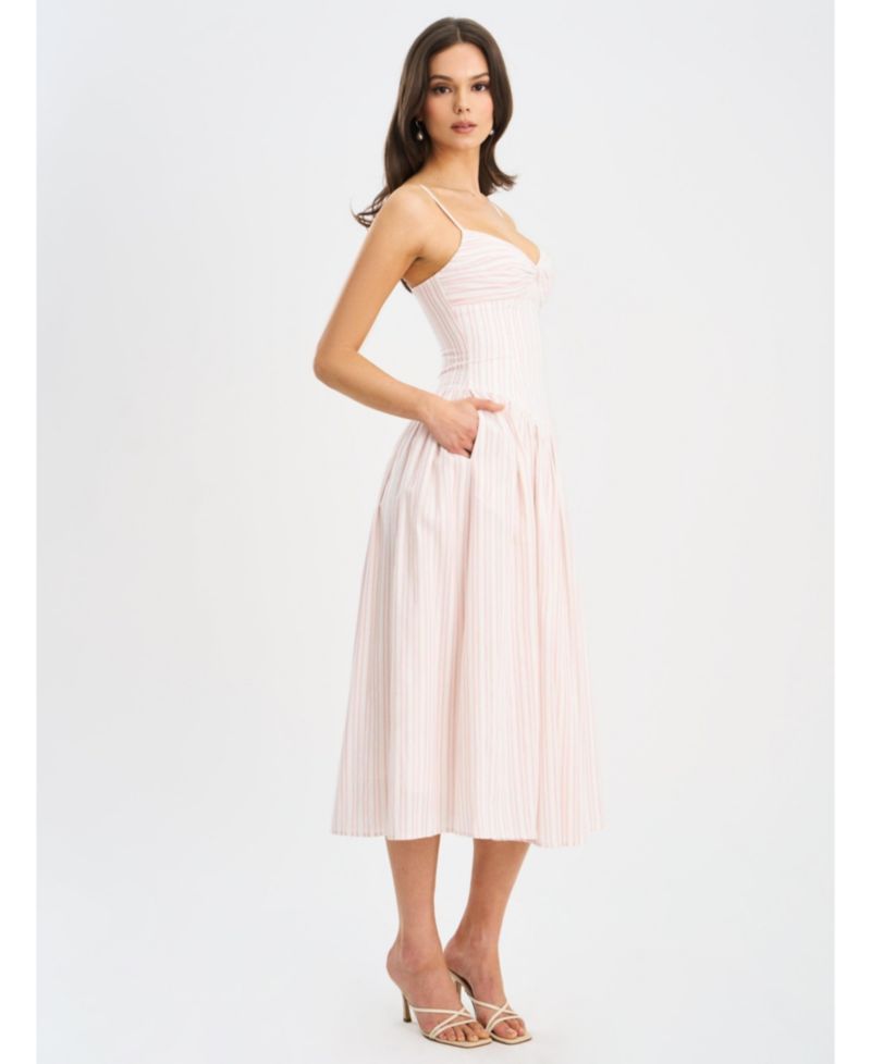 Women's Zania Pink Stripe Ruched Breast Cotton Jacquard Midi Dress