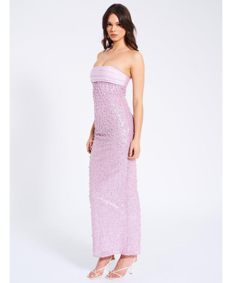 Women's Lainey Purple Satin Sequin Pearls Beaded Maxi Dress