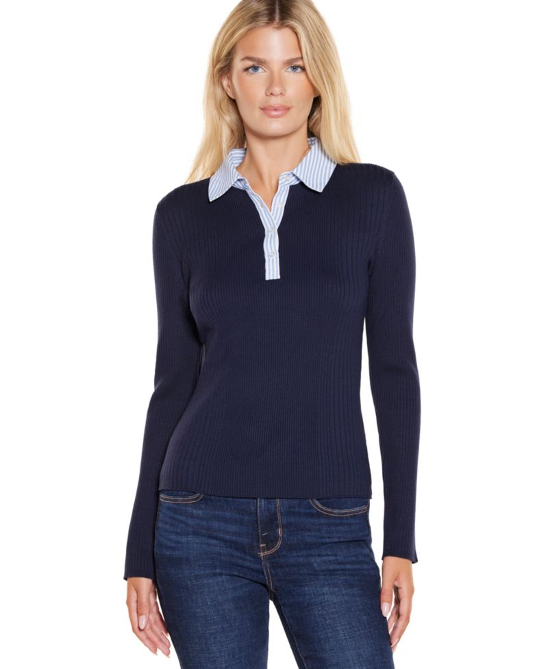 Women's Collared Ribbed Long-Sleeve Sweater