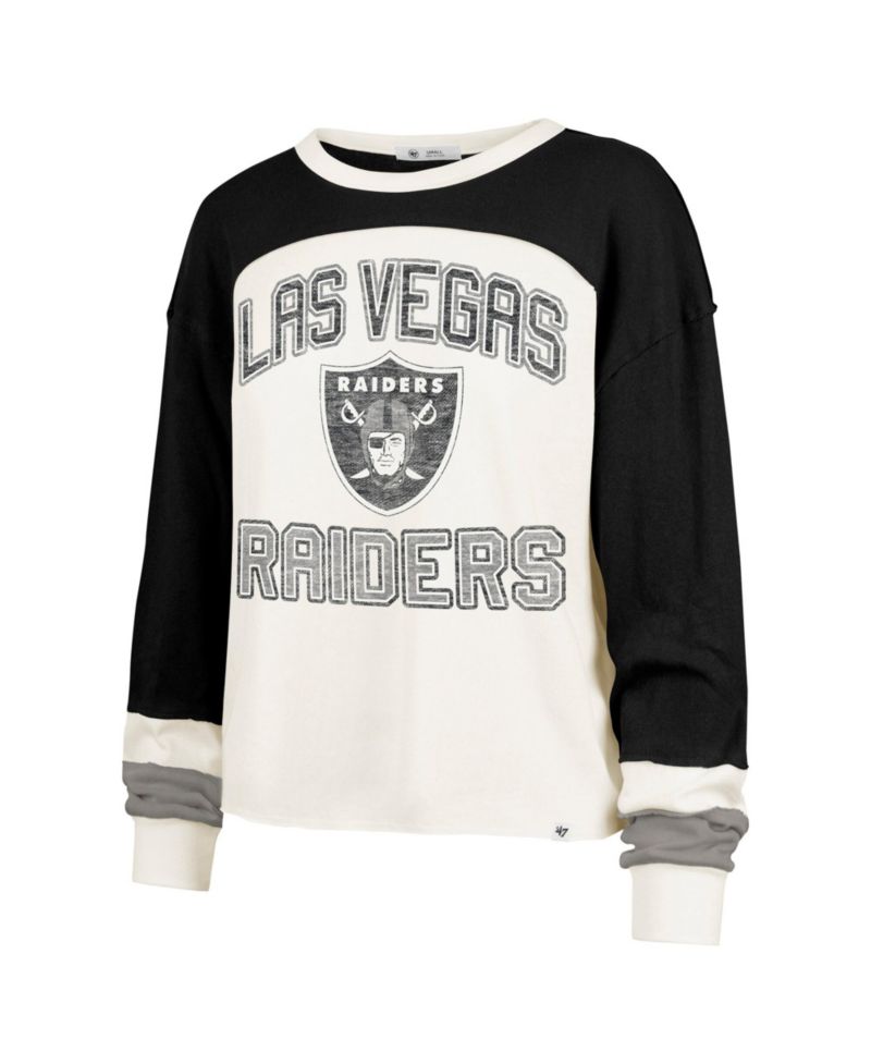 Women's Las Vegas Raiders Double Header Curve Distressed Raglan Long-Sleeve Crop Top