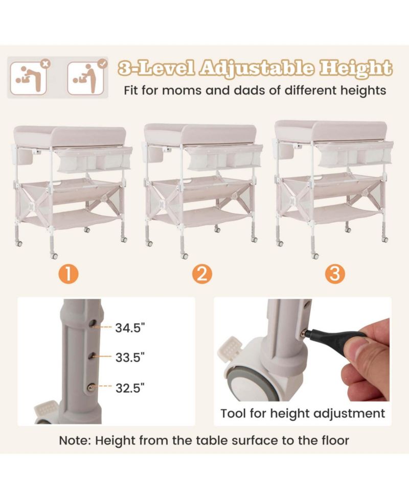 Portable Baby Changing Table with Wheels Adjustable Height Large Storage Rack
