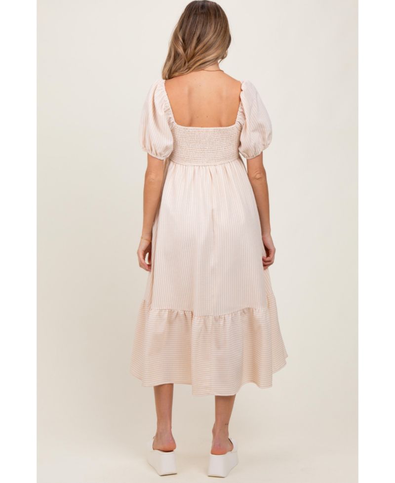 Women's Beige Sweetheart Stripe Smocked Back Midi Dress