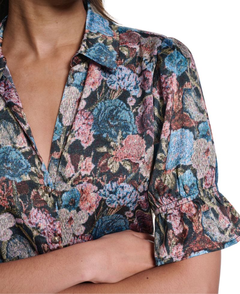 Women's Floral Brocade Print 3/4-Sleeve Button-Up Blouse
