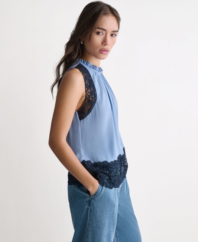 Women's High-Neck Sleeveless Lace Combo Woven Top